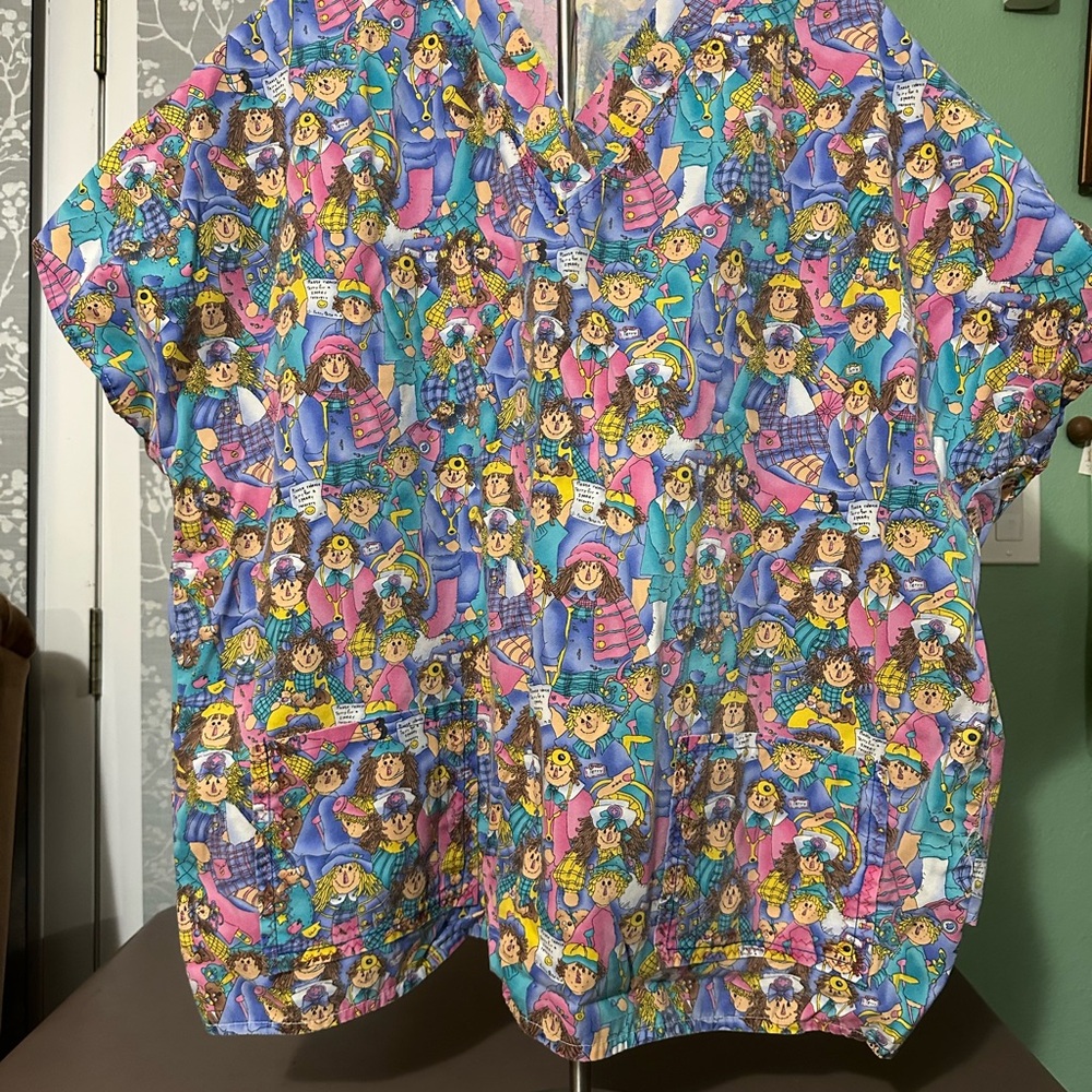 Colorful Cartoon Print Scrub Top